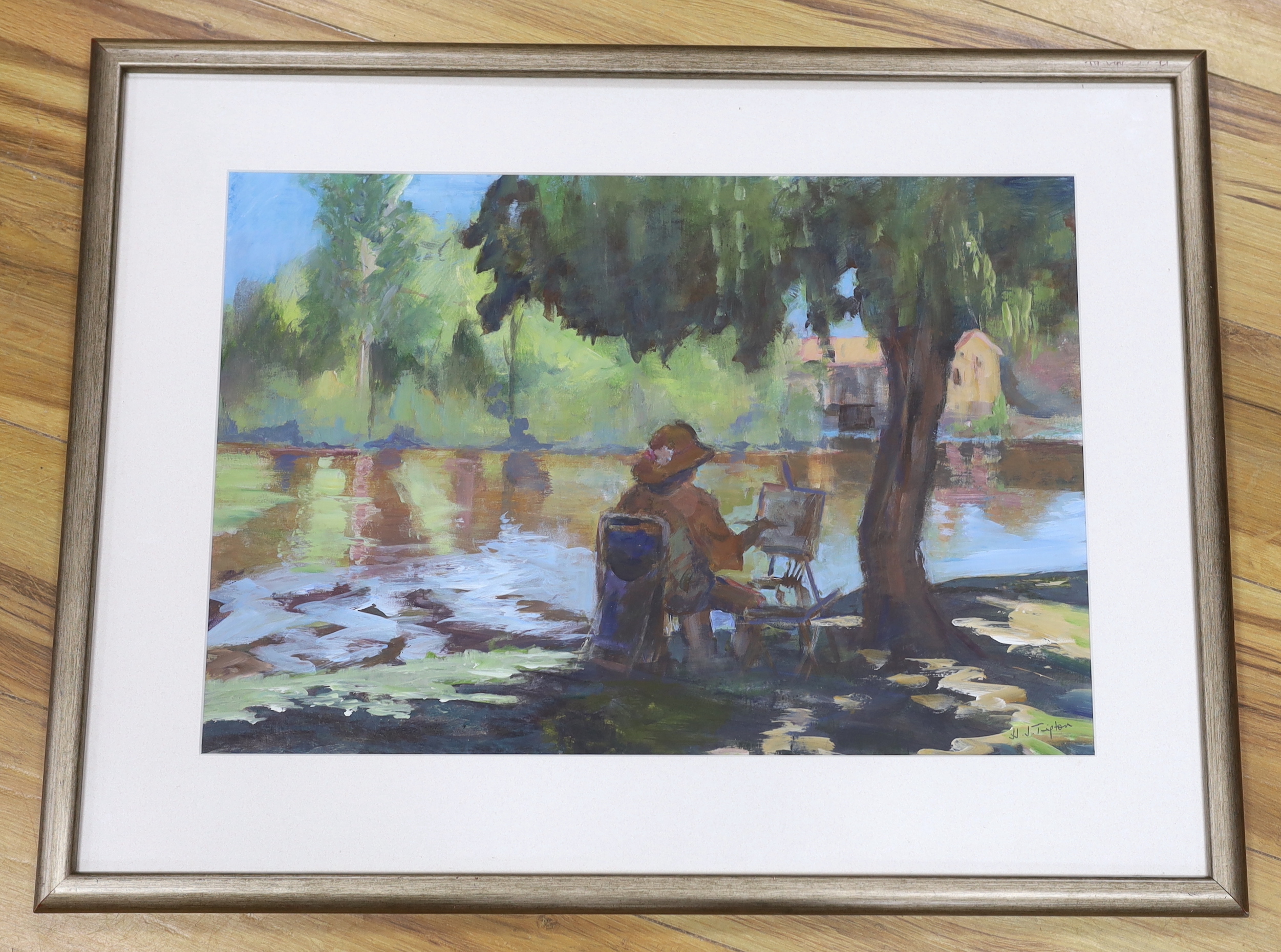 H.J. Tipton, gouache on board, Artist at work beside a river, signed, 37 x 54cm